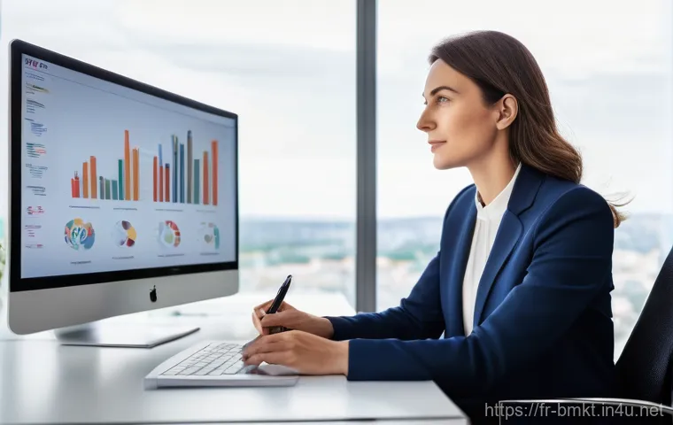 브랜드 마케팅 예산 관리 팁 - **Prompt:** A focused, professional French woman in her late 30s, dressed in a chic, tailored busine...