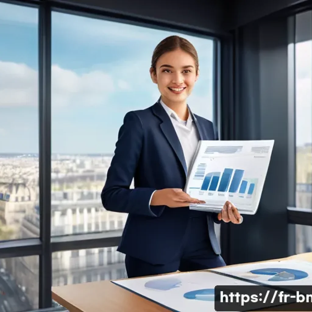 브랜드 마케터를 위한 연봉 협상 체크리스트 - A professional French marketing specialist in a modern office setting, confidently presenting a deta...