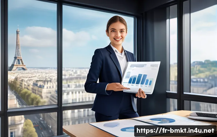 브랜드 마케터를 위한 연봉 협상 체크리스트 - A professional French marketing specialist in a modern office setting, confidently presenting a deta...