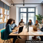 Home 22 브랜드 마케팅 캠페인 기획 사례 분석 - A vibrant marketing team workshop scene in a modern Parisian office, diverse professionals collabora...