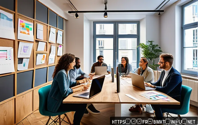 브랜드 마케팅 캠페인 기획 사례 분석 - A vibrant marketing team workshop scene in a modern Parisian office, diverse professionals collabora...