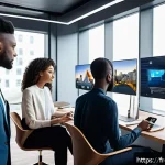 Home 20 브랜드 마케팅 실습 프로젝트 아이디어 - A modern fashion marketing office scene featuring a diverse team analyzing consumer data on multiple...