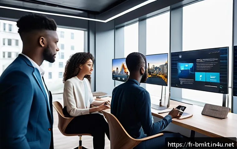 브랜드 마케팅 실습 프로젝트 아이디어 - A modern fashion marketing office scene featuring a diverse team analyzing consumer data on multiple...