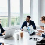 Home 18 브랜드 마케팅 업무 루틴 정리 - A modern French marketing team in a bright, stylish office brainstorming around a large table with l...