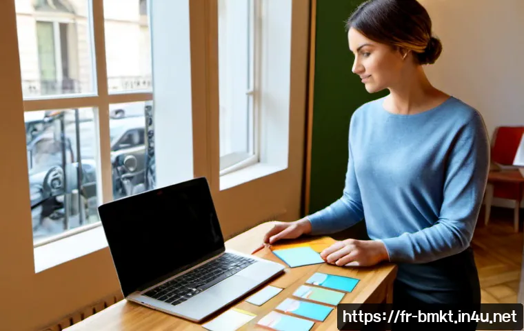 Home 17 브랜드 마케터의 커리어맵 만들기 - Photorealistic French brand marketer creating a career roadmap at a bright Parisian coworking desk, ...